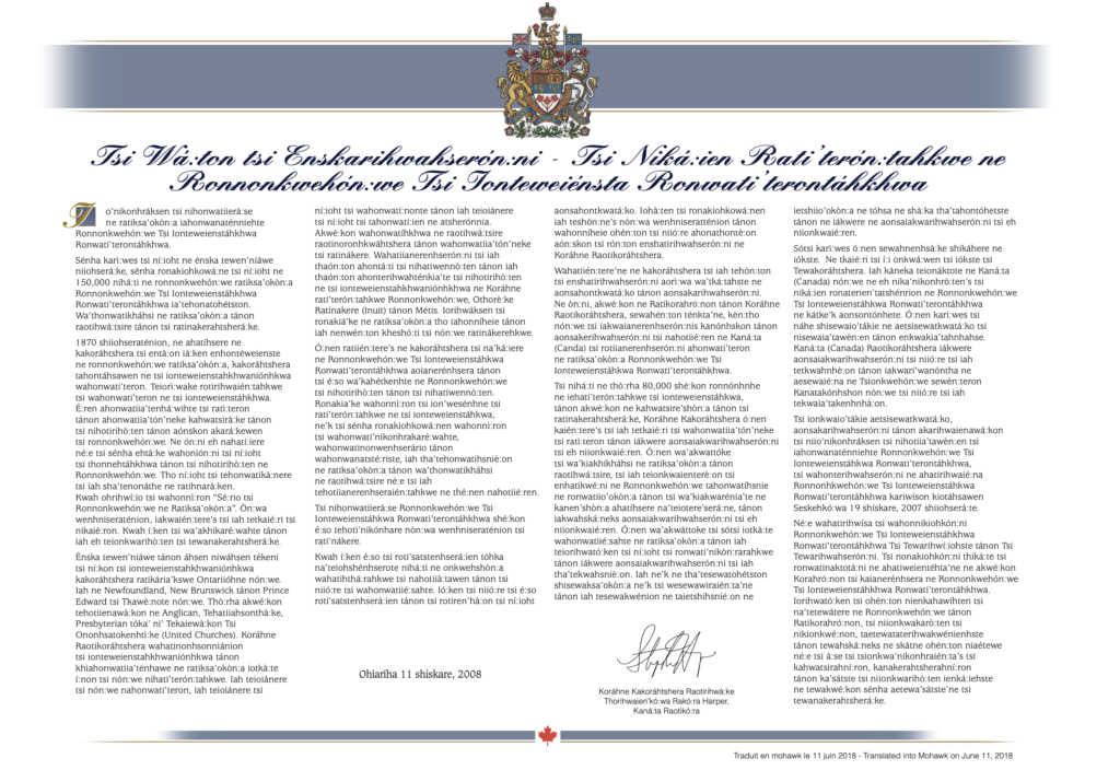 PDF des excuses aux anciens élèves des pensionnats autochtones en Mohawk.