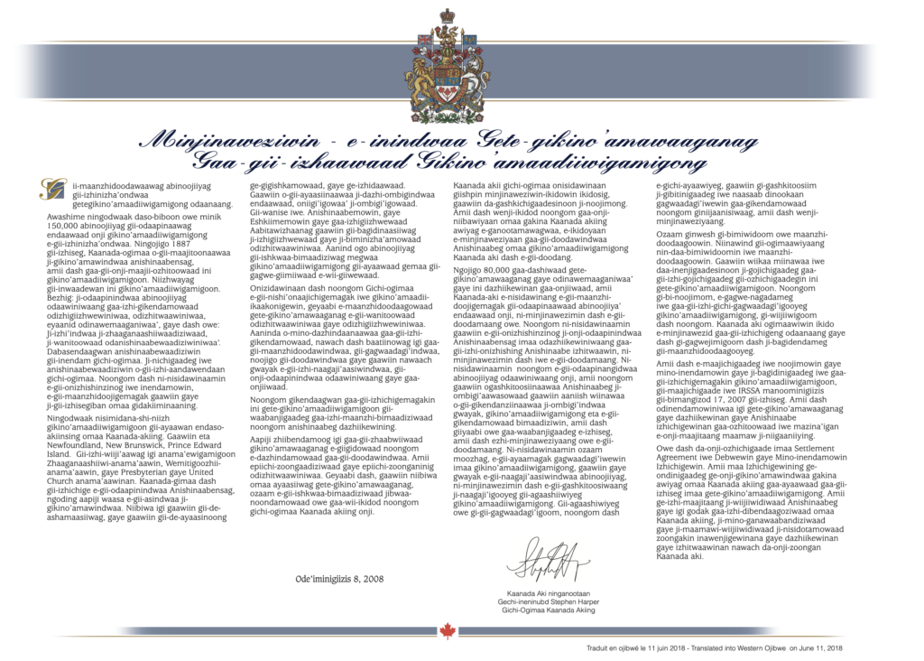 PDF des excuses aux anciens élèves des pensionnats autochtones en Ojibwé.