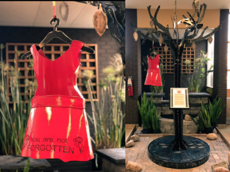 Red dress memory ornament on display