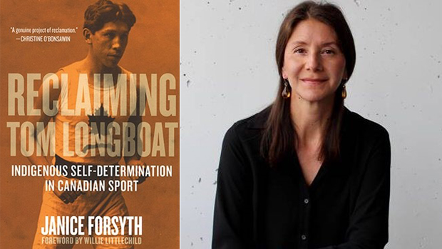 Side by side images of the cover of Reclaiming Tom Longboat and author Janice Forsyth.