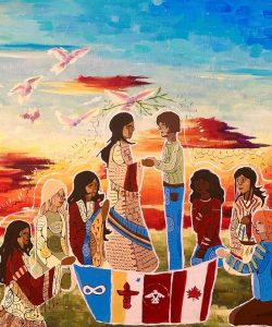 A painting of a group of multicultural people gathered around a banner with images representing Métis, Inuit, First Nations and Canada. Text says Imagine a Canada.