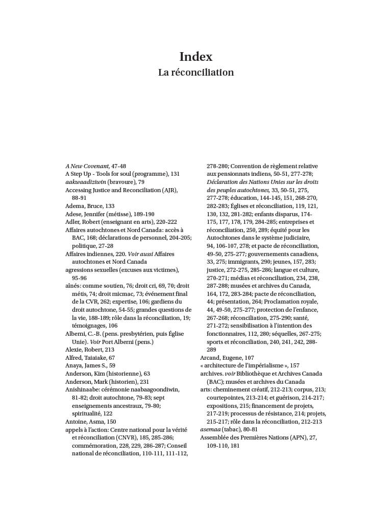 Couverture du document "Index pour le Pensionnats du Canada : La réconciliation"