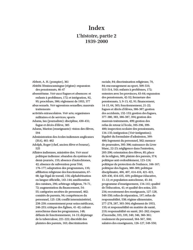 Couverture du document "Index pour le Pensionnats du Canada : L’ histoire, partie 2 de
                1939 à 2000"