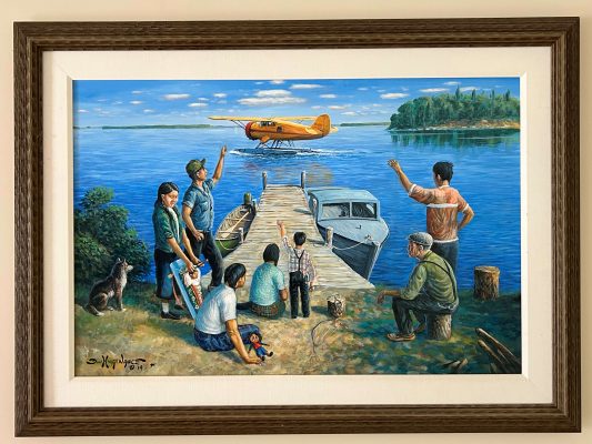 A colourful painting depicting children being taken by float plane to residential school, with a doll and slingshot symbolizing their abandoned childhoods.