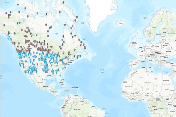A map of North America populated with hundreds of location markers.
