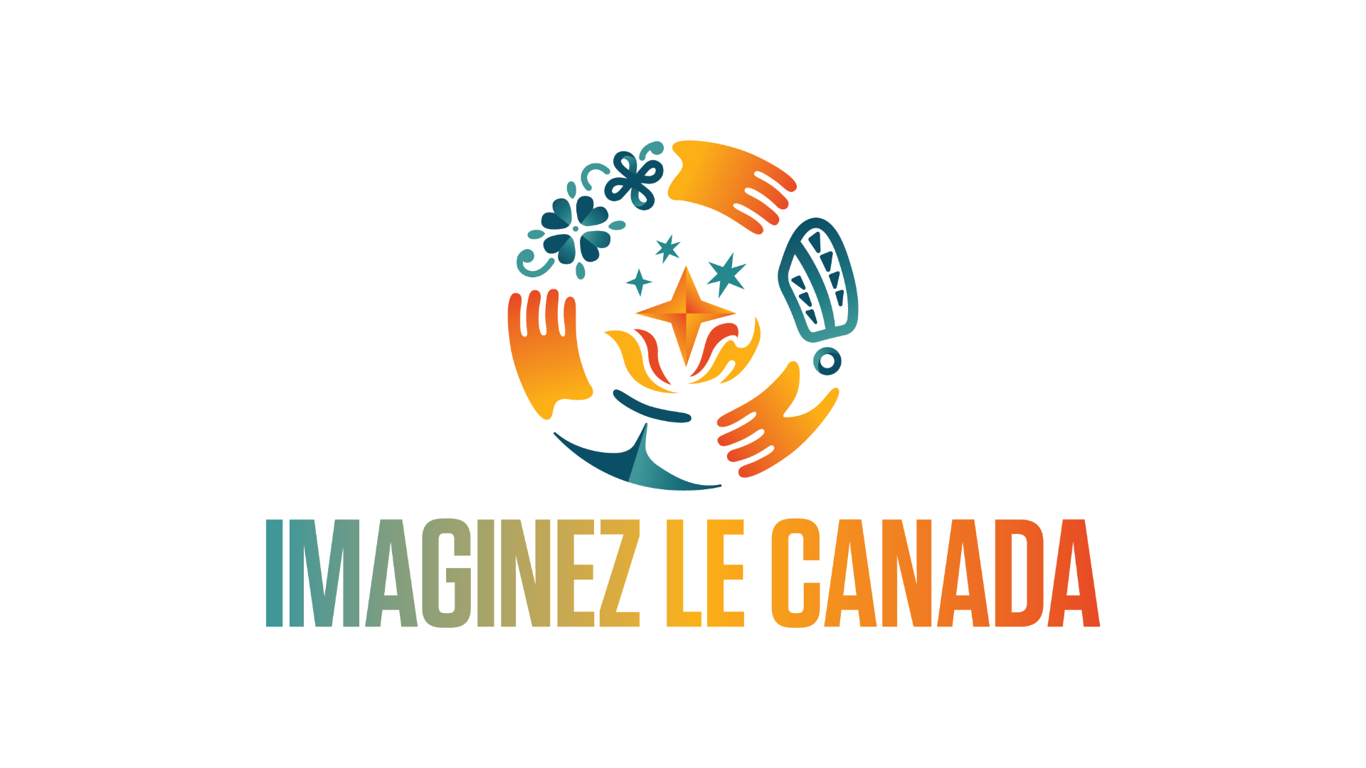 Circular logo with multiple colorful hands surrounding a central star/symbol, followed by the slogan 'IMAGINEZ LE CANADA' in a teal-to-orange gradient.
